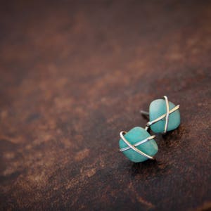 Cross wrapped sterling silver and matte Russian amazonite stud earrings, rough, raw wrapped studs, freeform gem stone earrings, rustic, image 1