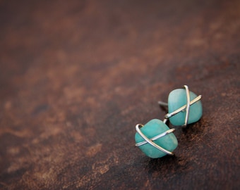 Cross wrapped sterling silver and matte Russian amazonite stud earrings, rough, raw wrapped studs, freeform gem stone earrings, rustic,