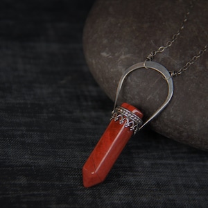 Pencil point, bullet gemstone & sterling silver extra long pendant necklace, riveted artisan necklace, red, black, green, opal, snowflake