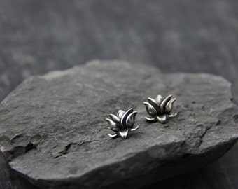 Small solid sterling silver lotus stud earrings, silver 925 post earrings, flower, small studs, oxidized silver, rustic, everyday