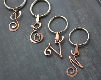 Personalized cursive letter key chain, metal key holder, wire wrap ,hand formed, hammered, metal key fob, copper, metalwork, oxidized