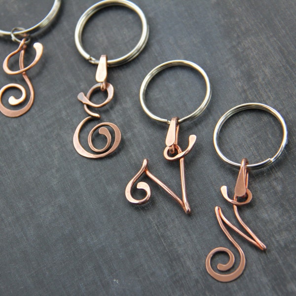 Personalized cursive letter key chain, metal key holder, wire wrap ,hand formed, hammered, metal key fob, copper, metalwork, oxidized