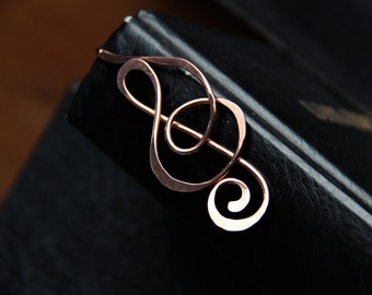 Copper elegant treble clef shepherd&#39;s hook bookmark, metal bookmark, handmade, hammered. antique, unique gift, booklover