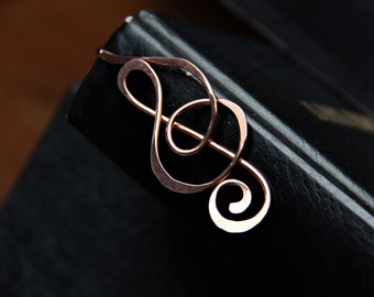 Copper elegant treble clef shepherd's hook bookmark, metal bookmark, handmade, hammered. antique, unique gift, booklover