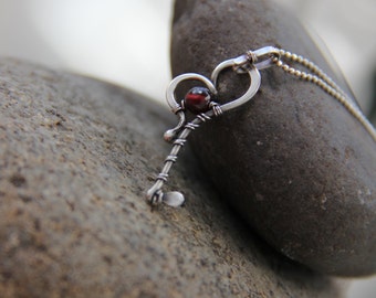Sterling silver, silver 925 and garnet wire wrap pendant necklace "Key to my heart"