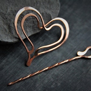 3 in 1 Double Heart Metal shawl pin, bookmark and hair slide, scarf pin, sweater pin, small hair barrette, copper,  hair pin, heart in heart