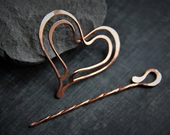 3 in 1 Double Heart Metal shawl pin, bookmark and hair slide, scarf pin, sweater pin, small hair barrette, copper,  hair pin, heart in heart