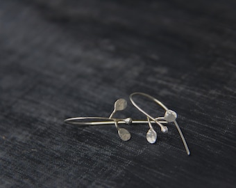 Sterling silver threader style earrings Simply Botanica, tiny buds minimalist earrings, simple, rustic,natural texture, twig, leafs, modern