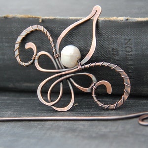 Shawl pin, scarf pin, hair slide, brooch, hair barrette &quot;Fleur de lis&quot;, antique cooper shawl pin, wire wrap, elegant, pearl, green, yellow
