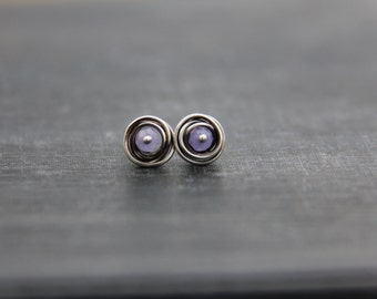 Small wire wrap sterling silver or copper gem stone stud earrings, Flower pod, spiral post earrings, lavender, green, turquoise, blue
