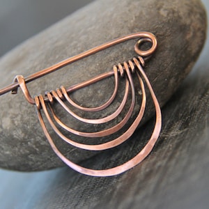 Shawl pin, scarf pin, sweater pin, copper brooch , antique copper shawl pin, sterling silver, wire wrap, semicircle, minimalist, metal
