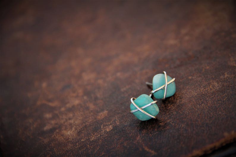 Cross wrapped sterling silver and matte Russian amazonite stud earrings, rough, raw wrapped studs, freeform gem stone earrings, rustic, image 1