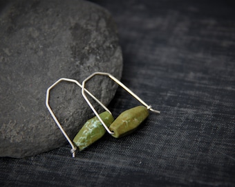 Olive green and sterling silver arch earrings, modern, minimalist, u shape, geometric hoop earrings, natural stone, faceted barrel, earthy