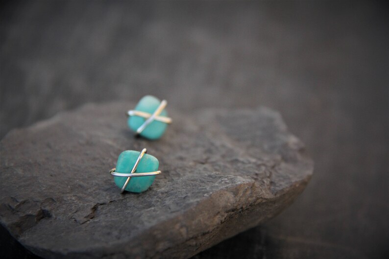 Cross wrapped sterling silver and matte Russian amazonite stud earrings, rough, raw wrapped studs, freeform gem stone earrings, rustic, image 2