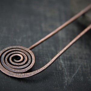 Rustic spiral copper hair fork, textured, modern, hair stick, hair pin, hair accessories, hammered, organic, round,