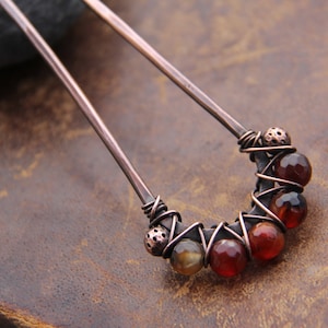 Copper and gem stones hair fork,  hair stick, hair pin, brown, green, pink, blue, yellow, wire wrapped hairpin, hair accessories, rustic