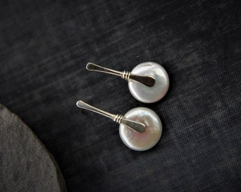 Sterling silver and button pearl stud earrings, modern, minimalist, elegant, long stud earrings, artisan jewelry, round, disc and stick