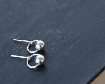 Tiny sterling silver dangle stud earrings, post earrings, silver 925 small dangle studs, minimalist, simple, geometric everyday, beaded stud