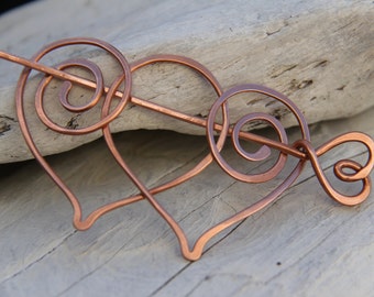 Hair slide, hair barrette, hair fork. hair pin, "Two hearts", copper or german silver hair  stick, shawl pin