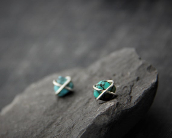 Turquoise nuggets cross wrapped stud earrings, organic, raw shape, sterling silver or copper, wire wrapped, everyday post earrings, tiny