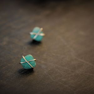 Cross wrapped sterling silver and matte Russian amazonite stud earrings, rough, raw wrapped studs, freeform gem stone earrings, rustic, image 4