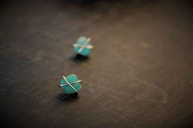 Cross wrapped sterling silver and matte Russian amazonite stud earrings, rough, raw wrapped studs, freeform gem stone earrings, rustic, image 4