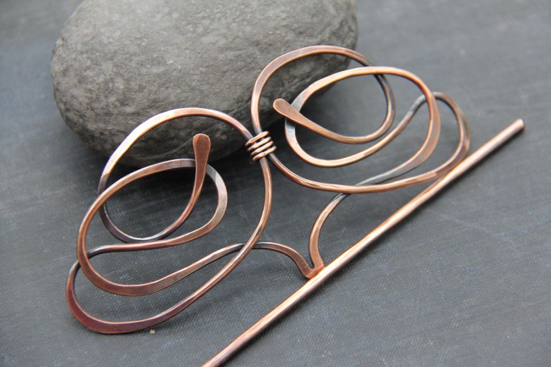 Antique copper hair slide, hair barrette, hair pin, hair clip, hair stick, modern style hair accessories, hammered, hair fork image 1