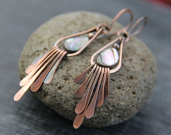 Long antique copper and abalone shell dangle earrings, fringe earrings, paddle, boho, hammered, teardrop,