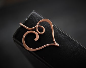 Copper elegant heart shepherd's hook bookmark, metal bookmark, handmade, hammered. antique, unique gift, booklover