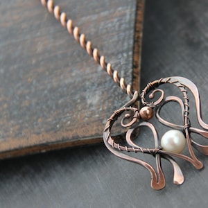 Twisted antique copper and pearl hair stick, hair pin, hair fork &quot;Princess&quot;, wire wrap hair accessories, flower, tulip, crown hair stick