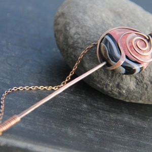 Shawl pin, scarf pin, sweater pin, antique copper and bi-colored agate shawl pin stick, ""Rose of the winds", pink and black  striped agate