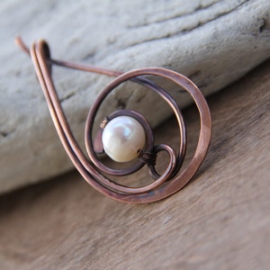 Shawl pin "In the frozen air"  wire wrap shawl pin / scarf pin / brooch, copper and pearl shawl pin, sterling silver