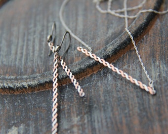 Mixed metal minimalist, modern twisted bar necklace, rope necklace, sterling silver and copper twisted bar necklace