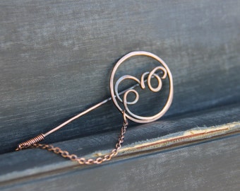 Shawl pin, scarf pin, personalized cursive letter shawl pin, wire wrap letter pin, brooch, stick pin, sweater pin, letter, alphabet, copper