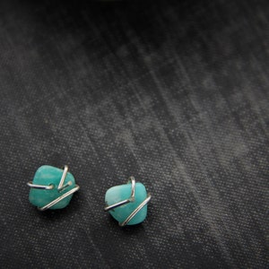 Cross wrapped sterling silver and matte Russian amazonite stud earrings, rough, raw wrapped studs, freeform gem stone earrings, rustic, image 7