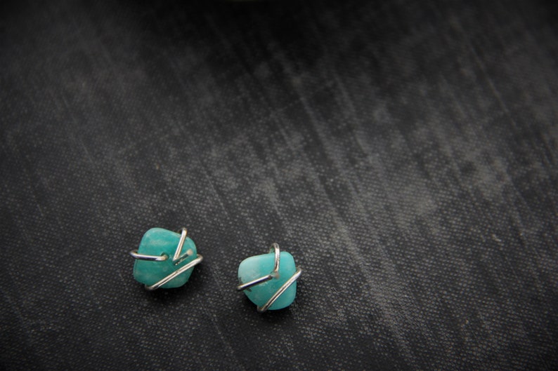 Cross wrapped sterling silver and matte Russian amazonite stud earrings, rough, raw wrapped studs, freeform gem stone earrings, rustic, image 7