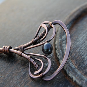 Hair stick, hair fork, hair pin, Copper and peacock pearl hair stick &quot;Night by the sea&quot;, wire wrap hair accesories