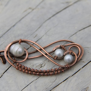 Shawl pin, Copper and fresh water pearls wire wrap brooch, scarf pin &quot;Scrolls&quot;, sterling silver shawl pin, silver brooch, silver & pearls
