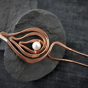 Copper and pearl hair fork &quot;The flame&quot;. modern hair accessories, artisan, hair pin, hair stick, metal hair pin
