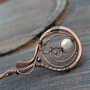Hair stick, or set of 2 hair sticks, hair pin, hair fork copper and pearl hair stick &quot;Morning dew&quot;, wire wrap hair accessories, bridal hair