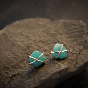 Cross wrapped sterling silver and matte Russian amazonite stud earrings, rough, raw wrapped studs, freeform gem stone earrings, rustic, image 5