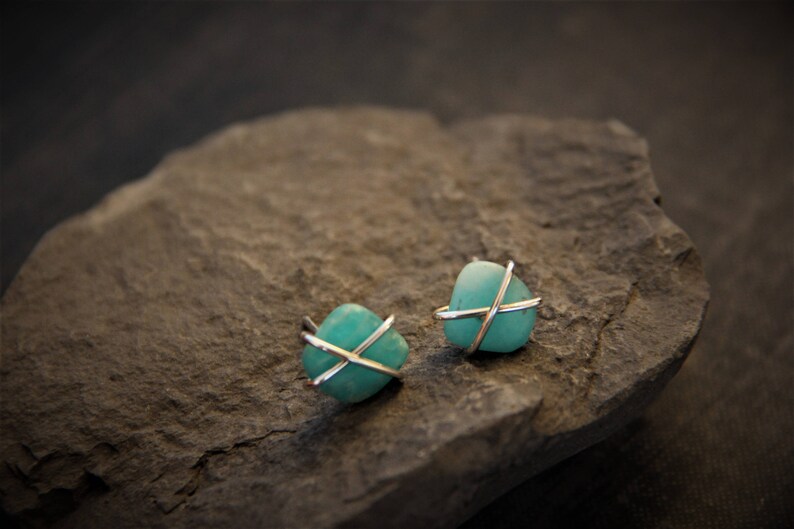 Cross wrapped sterling silver and matte Russian amazonite stud earrings, rough, raw wrapped studs, freeform gem stone earrings, rustic, image 5