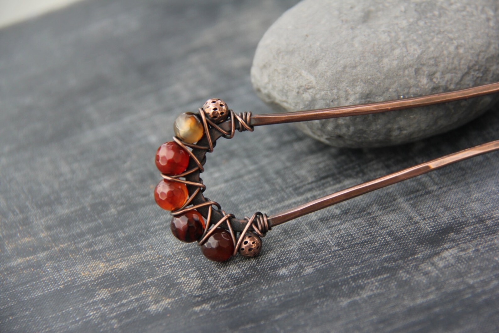 Copper and Gem Stones Hair Fork, Hair Stick, Hair Pin, Brown, Green ...