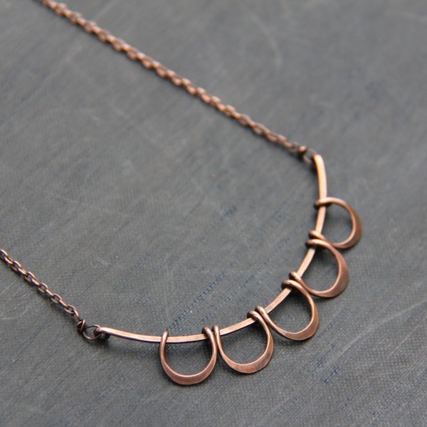 Antique copper or sterling silver scallop minimalist bar necklace, metal work, rustic necklace, romantic, oxidized, delicate, everyday