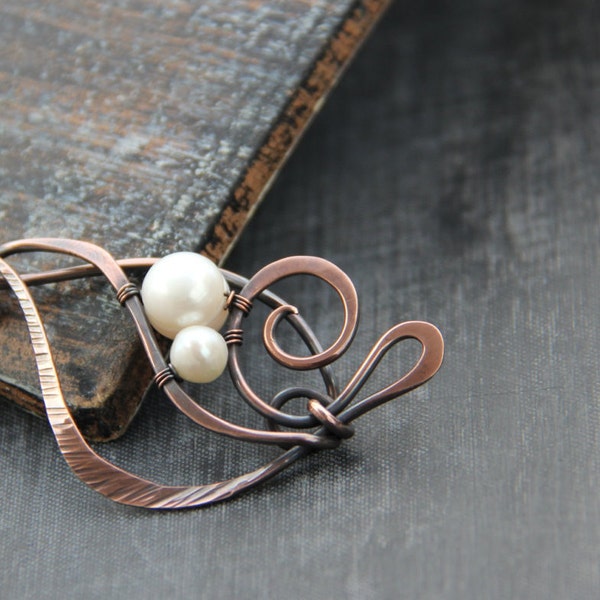 Shawl pin, scarf pin, sweater pin, brooch Flower pod, antique copper and pearl shawl pin, textured, hammered, wire wrap, knitting accessory