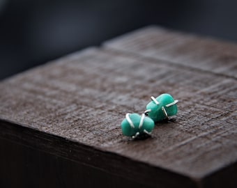 Raw tumbled nugget Madagascar amazonite and sterling silver studs, prong set post earrings, uncut gemstone, green amazonite, organic, rough