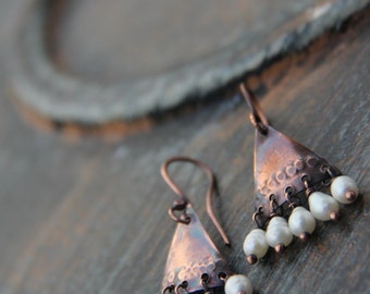 Small triangle copper metal work chandelier earrings, "Egyptian nights" Copper and pearls oxidized earrings