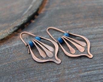 Lotus petal and fringe swing hoop earrings in copper or sterling silver, gem stone, rustic, boho, threader, hammered, red, blue, green, pink