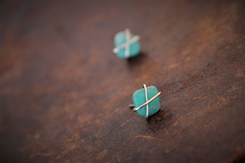 Cross wrapped sterling silver and matte Russian amazonite stud earrings, rough, raw wrapped studs, freeform gem stone earrings, rustic, image 6