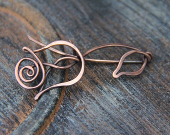 Shawl pin, scarf pin, copper shawl pin "Rose, Queen of flowers" from "Blooming" collection, copper brooch, floral, woodland